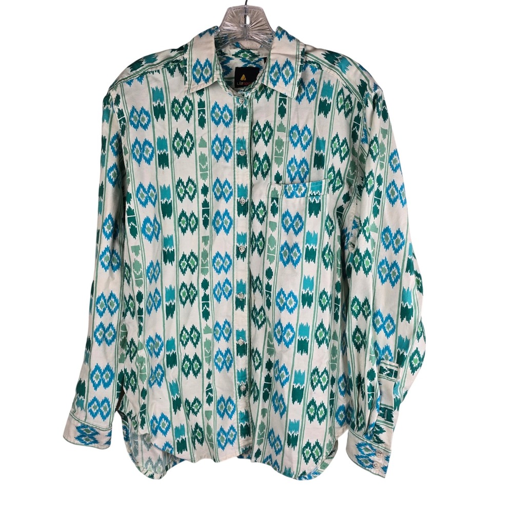 Vintage Lizsport Southwestern Ikat Print‎ Button Down Shirt Large Teal Green